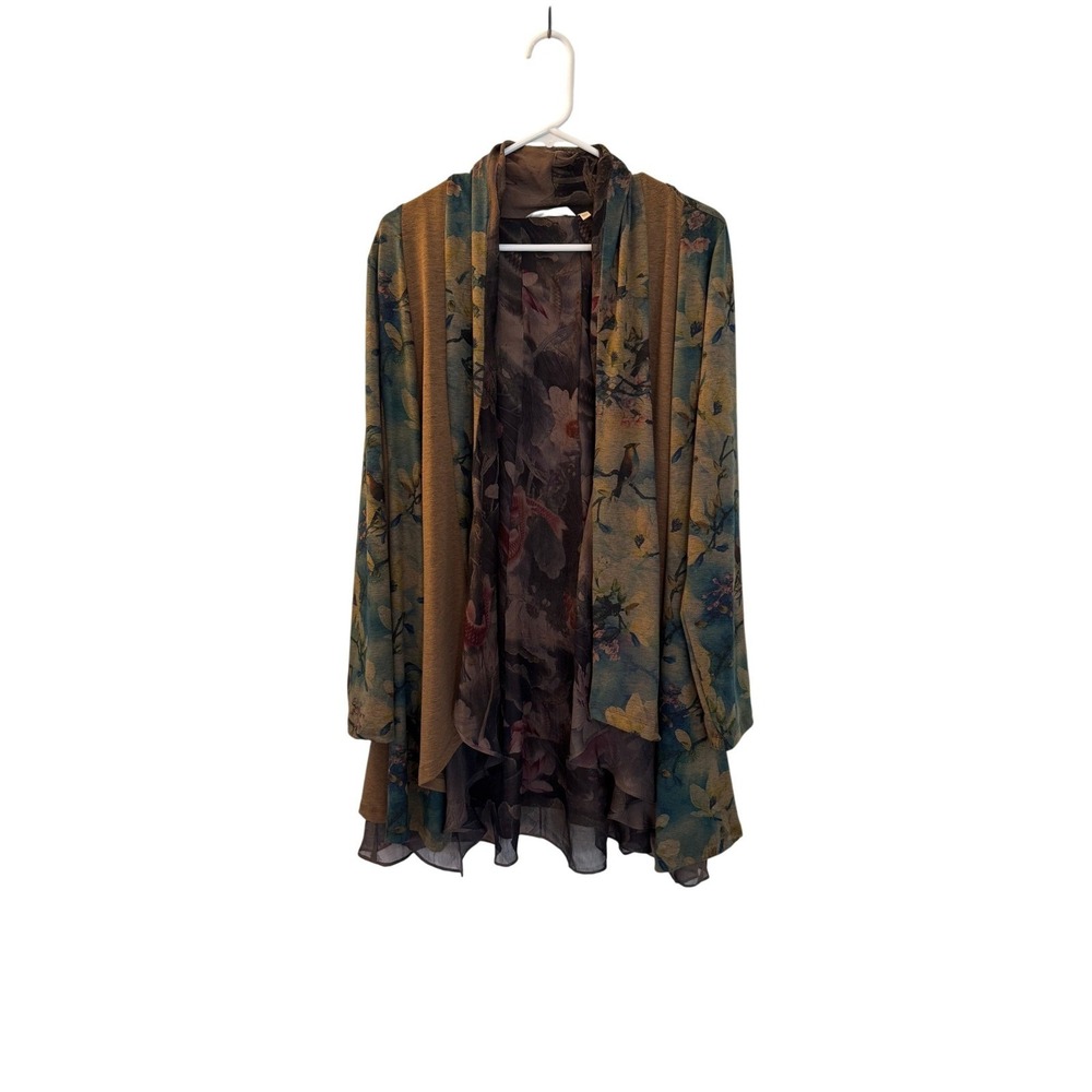 Soft Surroundings Tea Garden Topper Cardigan Floral Bird Print Brown Teal Large